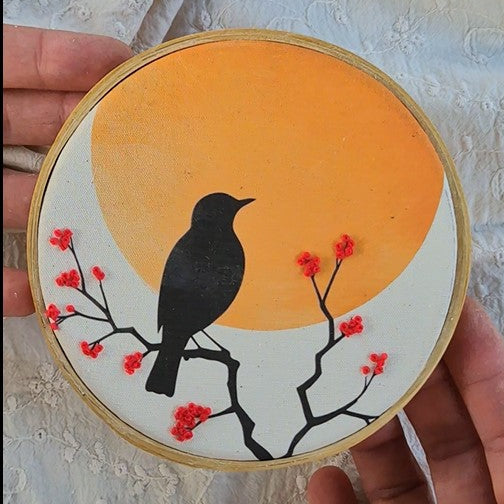 Quadro com detalhes bordados - Pássaro Por do sol PAS0232B