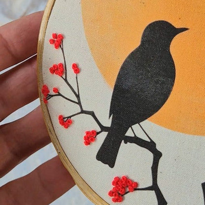 Quadro com detalhes bordados - Pássaro Por do sol PAS0232B