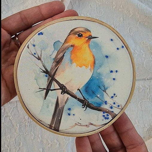Quadro com detalhes bordados - Pássaro na neve PAS0128B