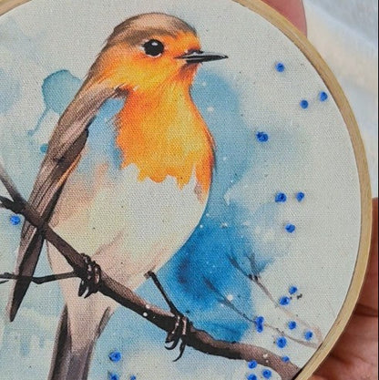 Quadro com detalhes bordados - Pássaro na neve PAS0128B